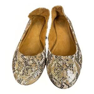 Tory Burch Size 7.5 Reva Ballet Flat Ballerina Leather Snakeskin Metallic
